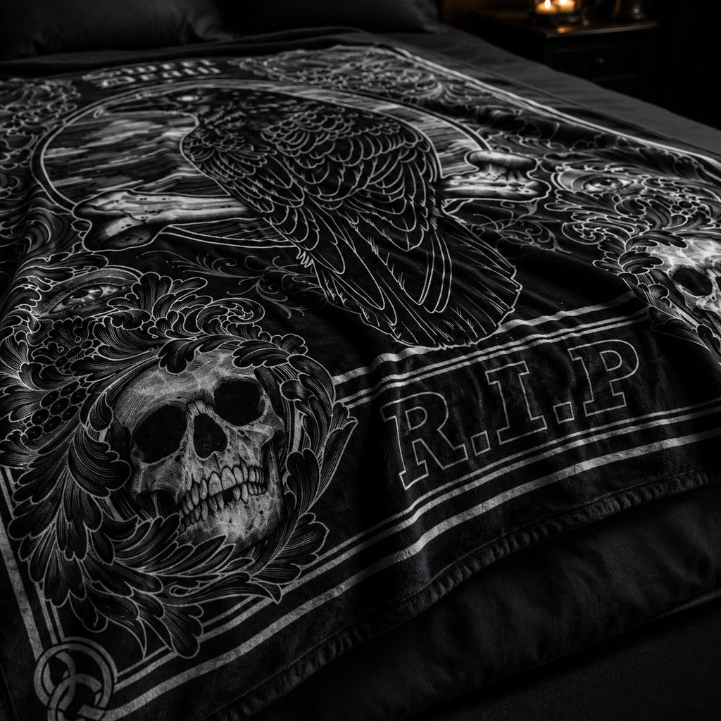 Gothic Crow R.I.P Flannel Blanket