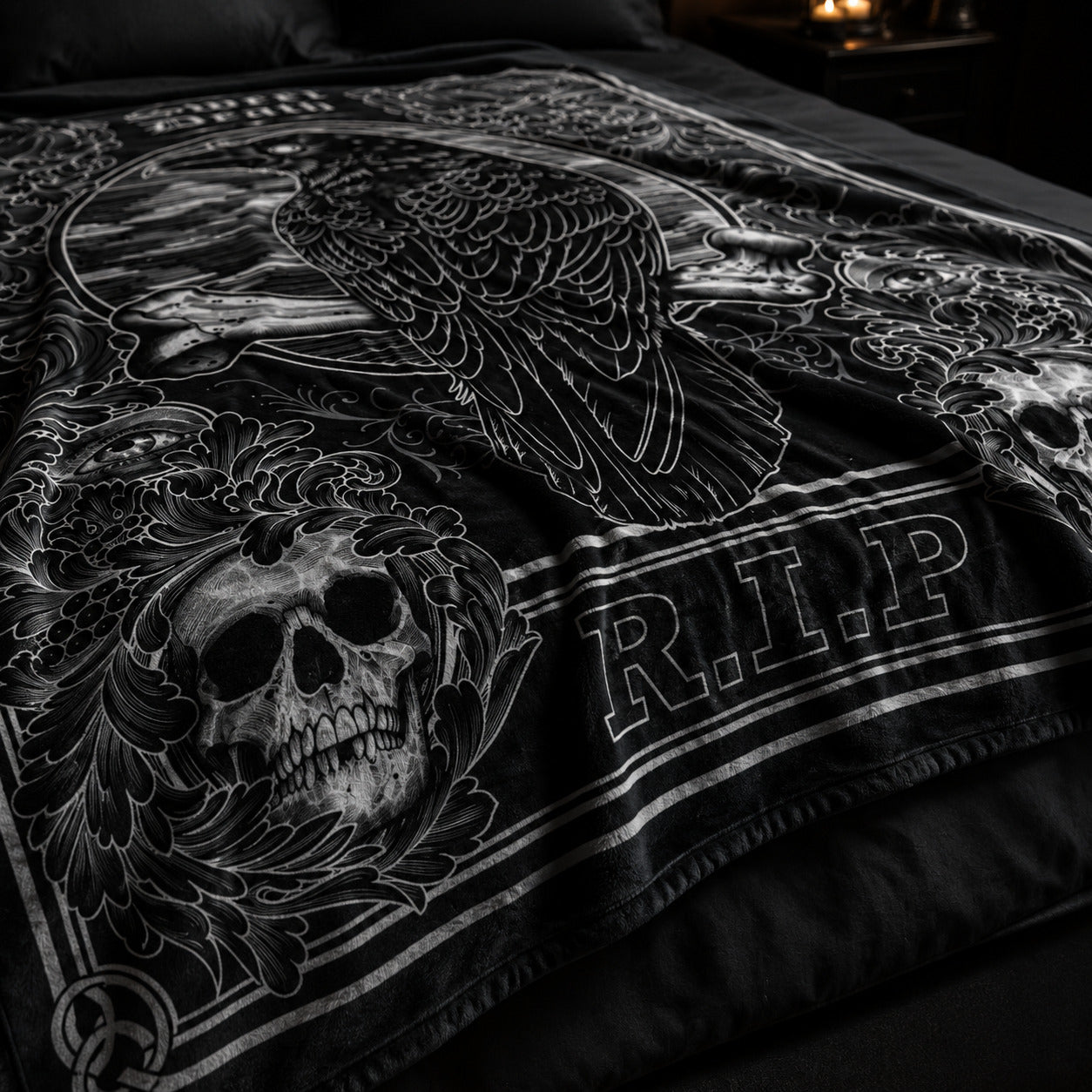 Gothic Crow R.I.P Flannel Blanket