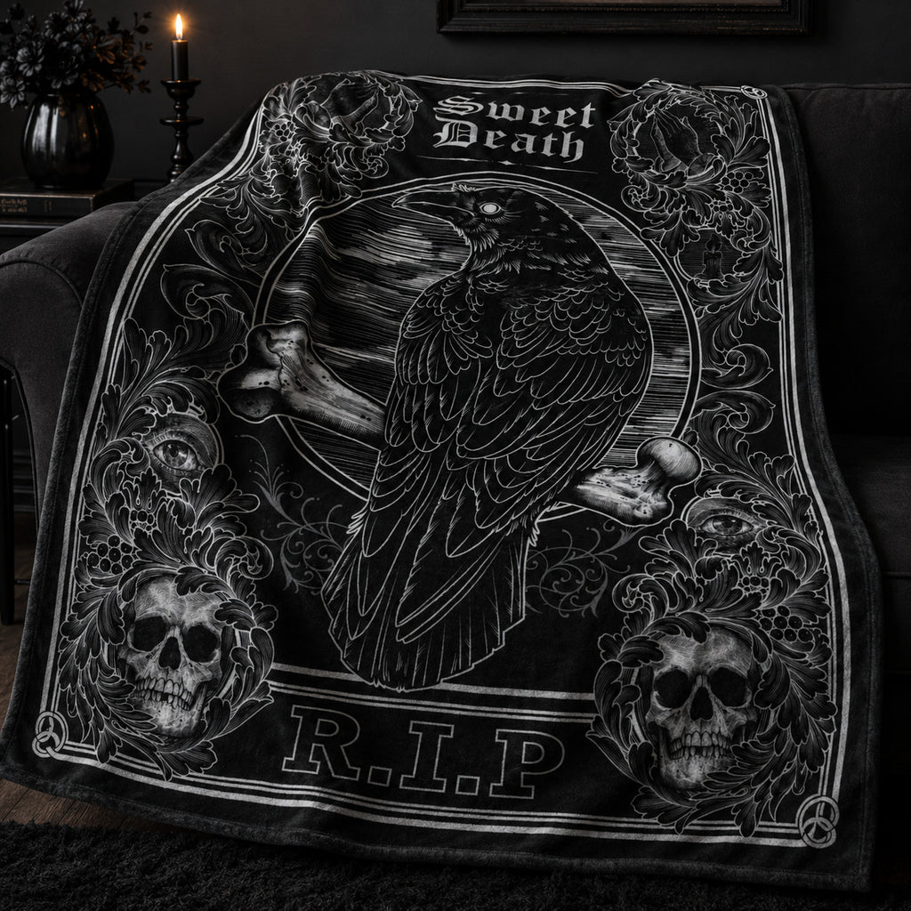Gothic Crow R.I.P Flannel Blanket