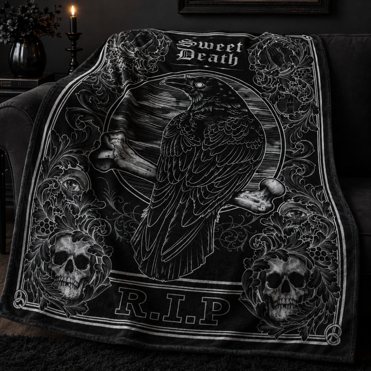 Gothic Crow R.I.P Flannel Blanket